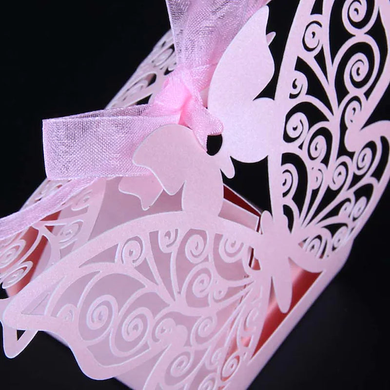 Wedding Butterfly Theme Favor Boxes Pearl Paper Ribbons 50