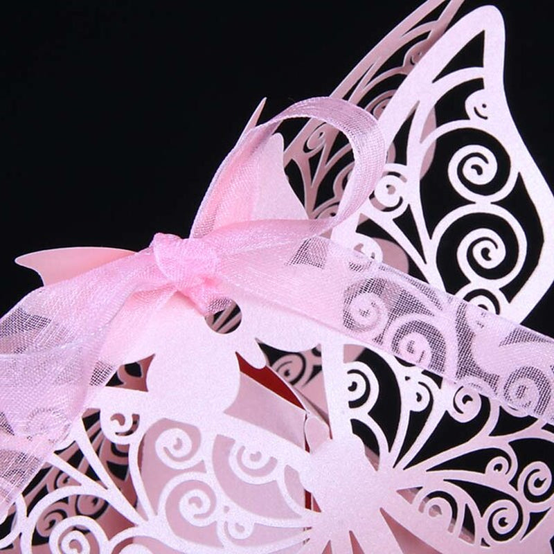 Wedding Butterfly Theme Favor Boxes Pearl Paper Ribbons 50