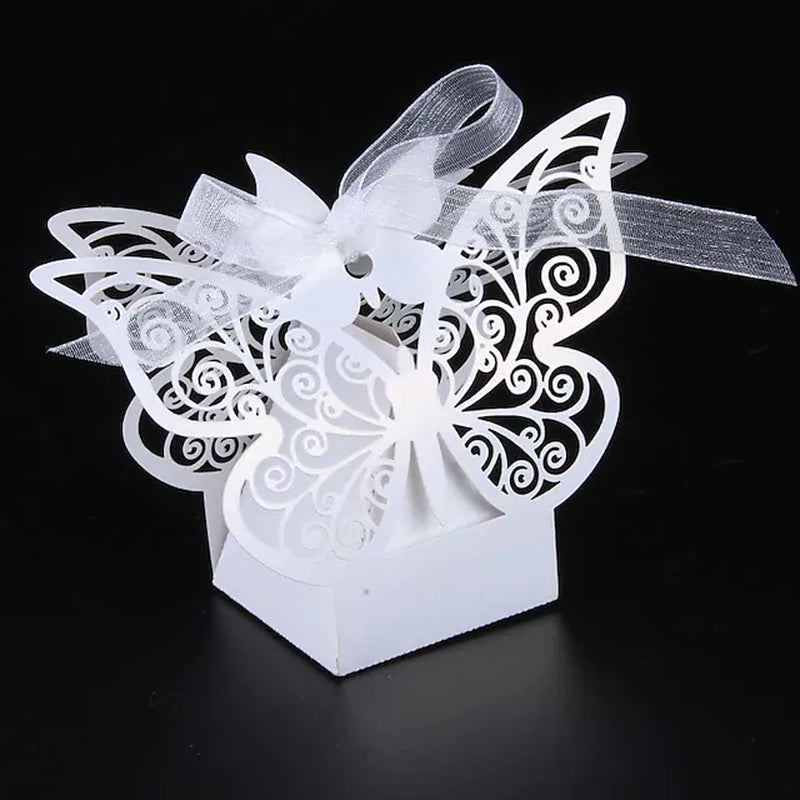 Wedding Butterfly Theme Favor Boxes Pearl Paper Ribbons 50