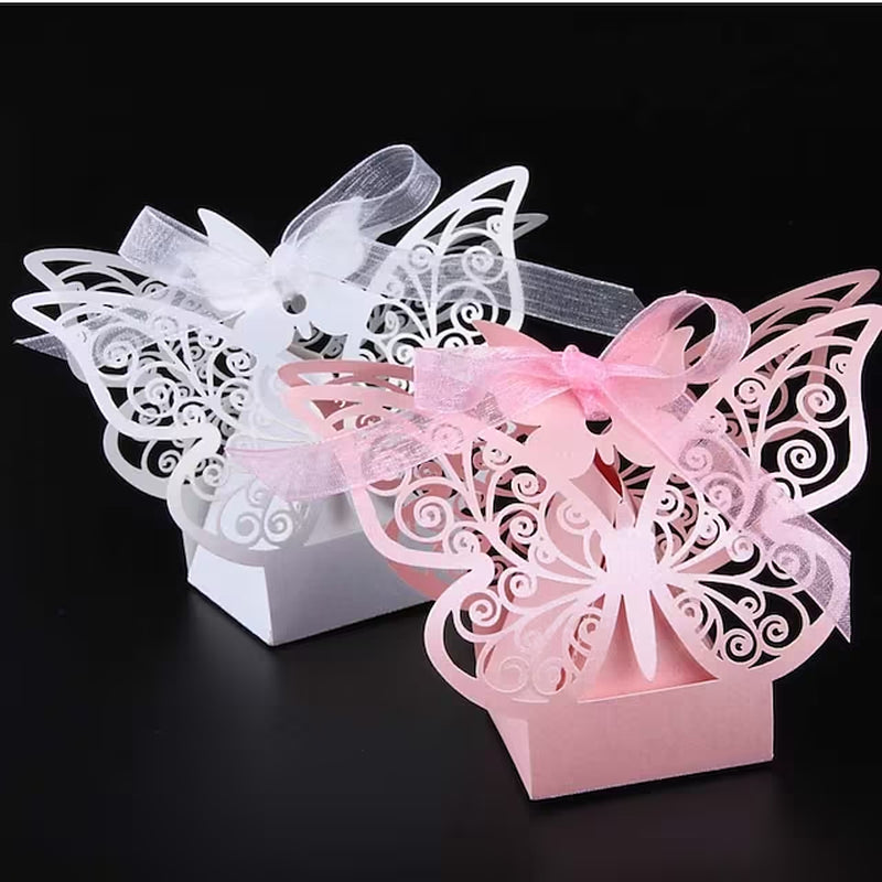 Wedding Butterfly Theme Favor Boxes Pearl Paper Ribbons 50