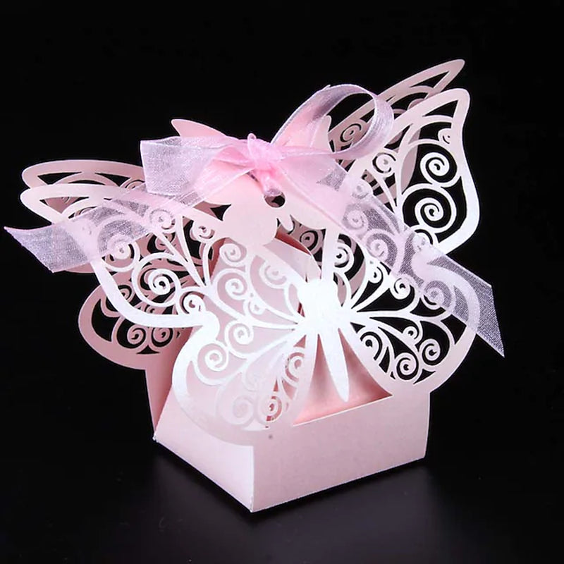 Wedding Butterfly Theme Favor Boxes Pearl Paper Ribbons 50